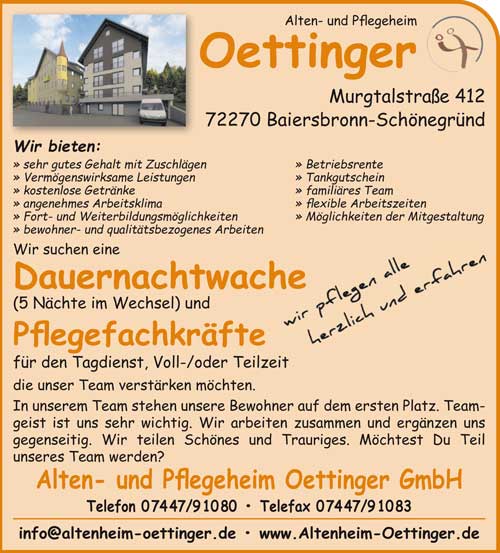 Alten- und Pflegeheim Oettinger GmbH - Stellenanzeige
